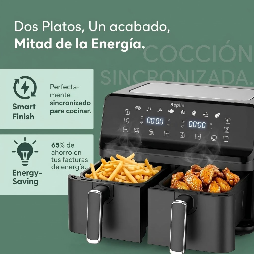 Freidora de aire Keplin de doble zona: freidora de bajo consumo con 6 funciones de cocción, capacidad extragrande para comidas saludables. Asa, hornea, deshidrata y deja los alimentos crujientes. Tamaño familiar de 9 / 9,5 L. - Image 3