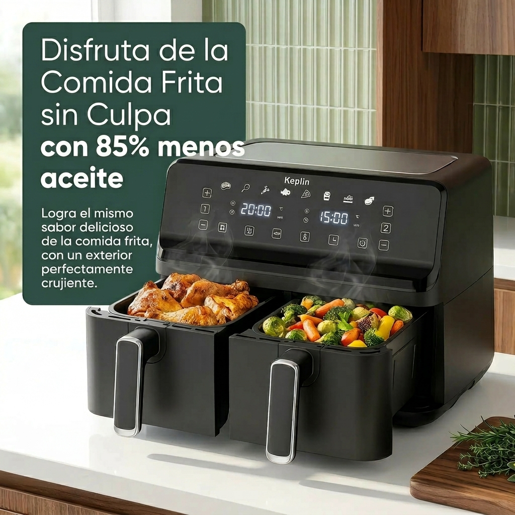 Freidora de aire Keplin de doble zona: freidora de bajo consumo con 6 funciones de cocción, capacidad extragrande para comidas saludables. Asa, hornea, deshidrata y deja los alimentos crujientes. Tamaño familiar de 9 / 9,5 L. - Image 2